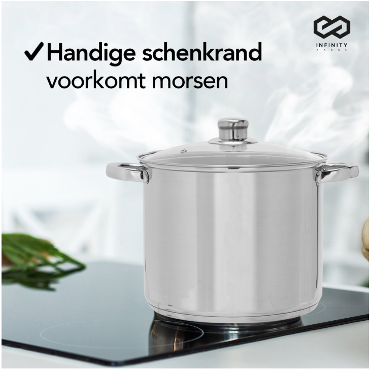 Infinity Goods Soeppan Stamppot - Glazen Deksel - 16,5L - 30 CM - Inductie Gas Keramisch - Vaatwasserbestendig - RVS