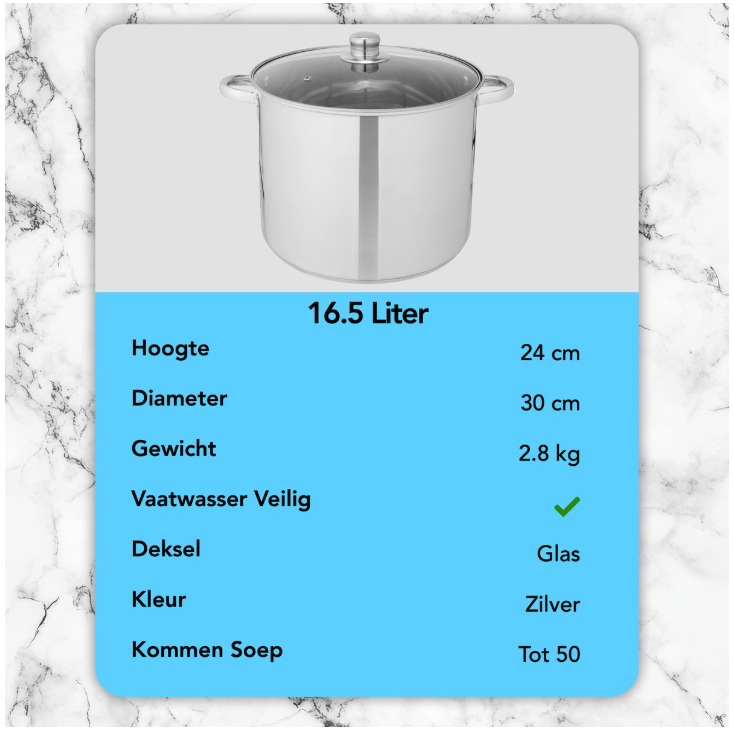 Infinity Goods Soeppan Stamppot - Glazen Deksel - 16,5L - 30 CM - Inductie Gas Keramisch - Vaatwasserbestendig - RVS