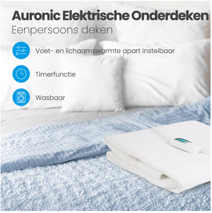 Auronic - Elektrische Onderdeken Luxe - 150x80 cm - Wit Polyester - 9 Warmtestanden & Apart Instelbare Voetzone - Timer & Oververhittingsbeveiliging - Wasbaar