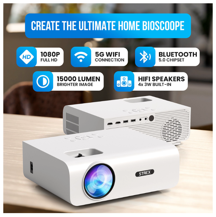 Strex - Mini beamer/projector - 1080P Full HD - 15000 lumen - Draadloos streamen - WiFi - Bluetooth - Wit