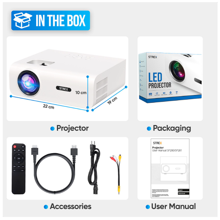 Strex - Mini beamer/projector - 1080P Full HD - 15000 lumen - Draadloos streamen - WiFi - Bluetooth - Wit