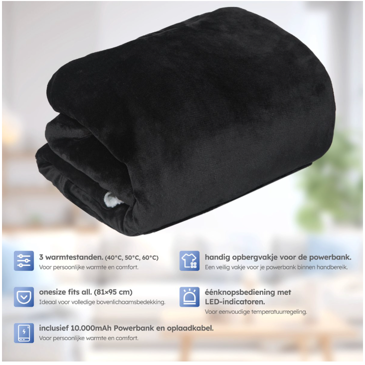 SAAF - Verwarmde Hoodie Deken & Snuggle Hoodie - One Size - Zwart Polyester - 3 Standen met 10.000 mAh Accu - Ultra Zacht & USB Verwarmd - Maximaal Comfort