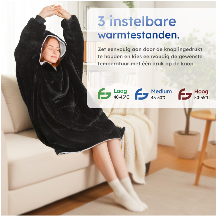 SAAF - Verwarmde Hoodie Deken & Snuggle Hoodie - One Size - Zwart Polyester - 3 Standen met 10.000 mAh Accu - Ultra Zacht & USB Verwarmd - Maximaal Comfort