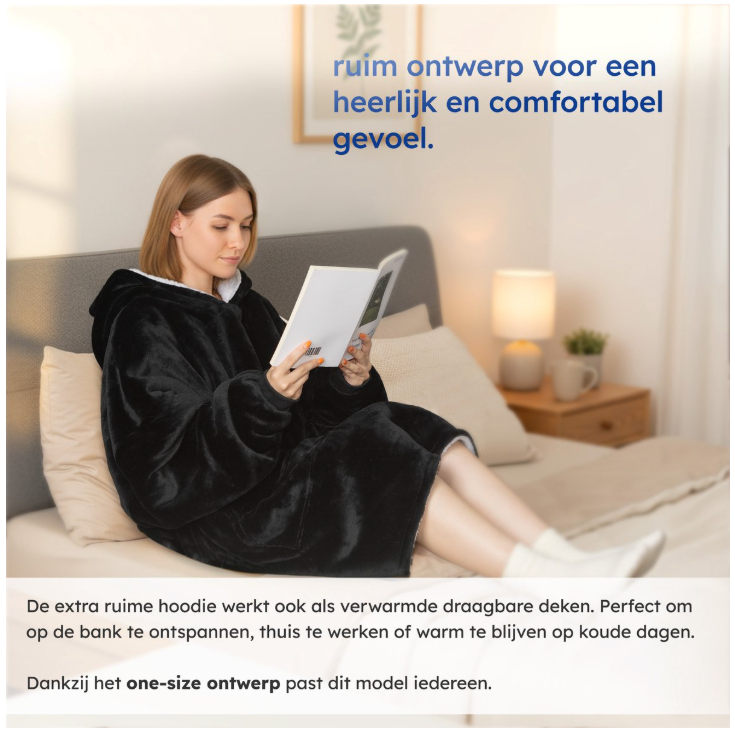 SAAF - Verwarmde Hoodie Deken & Snuggle Hoodie - One Size - Zwart Polyester - 3 Standen met 10.000 mAh Accu - Ultra Zacht & USB Verwarmd - Maximaal Comfort