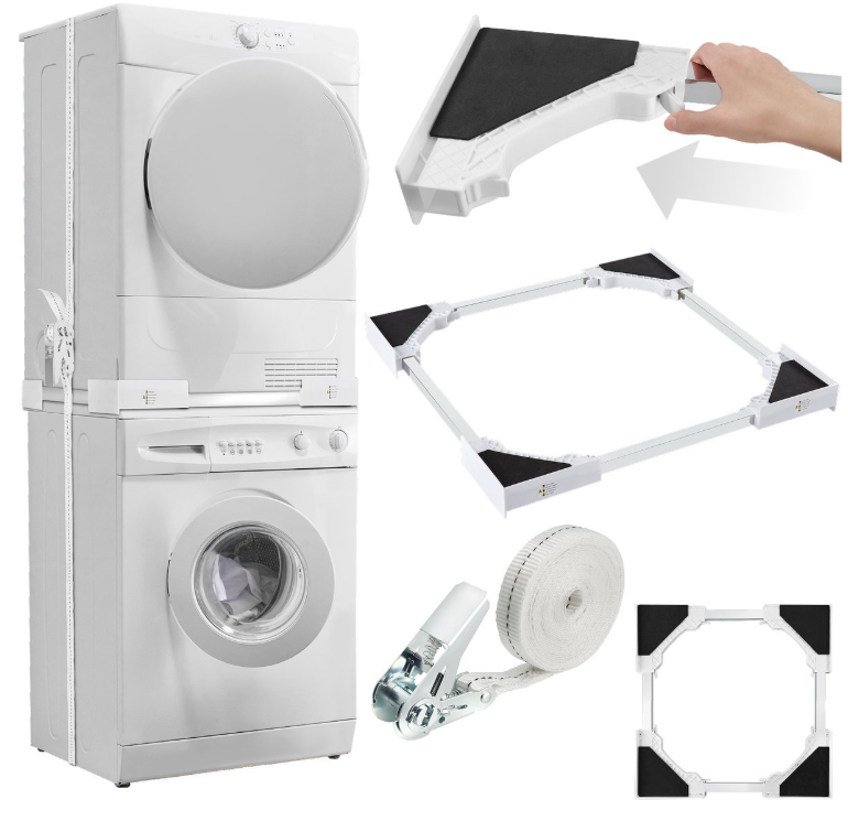Tectake – Tussenstuk Wasmachine & Droger – Universele Stapelkit – Wit Staal – Met Schuimrubberkussens & Spanband – Ruimtebesparend & Stabiel – Veilig Stapelen