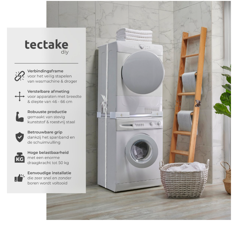 Tectake – Tussenstuk Wasmachine & Droger – Universele Stapelkit – Wit Staal – Met Schuimrubberkussens & Spanband – Ruimtebesparend & Stabiel – Veilig Stapelen
