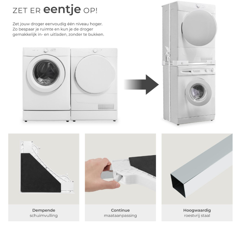 Tectake – Tussenstuk Wasmachine & Droger – Universele Stapelkit – Wit Staal – Met Schuimrubberkussens & Spanband – Ruimtebesparend & Stabiel – Veilig Stapelen