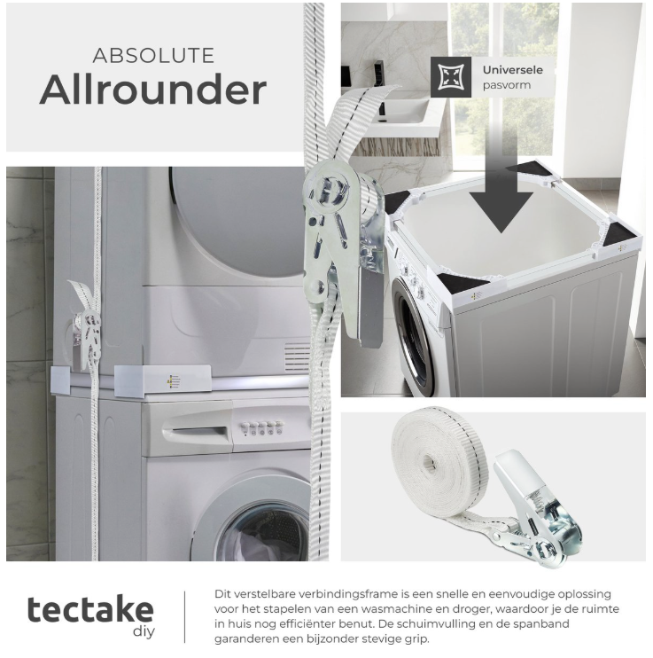 Tectake – Tussenstuk Wasmachine & Droger – Universele Stapelkit – Wit Staal – Met Schuimrubberkussens & Spanband – Ruimtebesparend & Stabiel – Veilig Stapelen