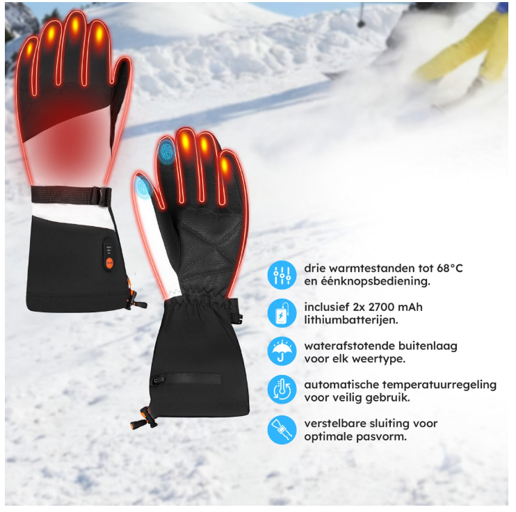 Saaf – Verwarmde Handschoenen Premium – Maat L – Wit & Zwart Polyester – 3 Warmtestanden & Oplaadbaar – Water- & Windafstotend – Optimaal Comfort