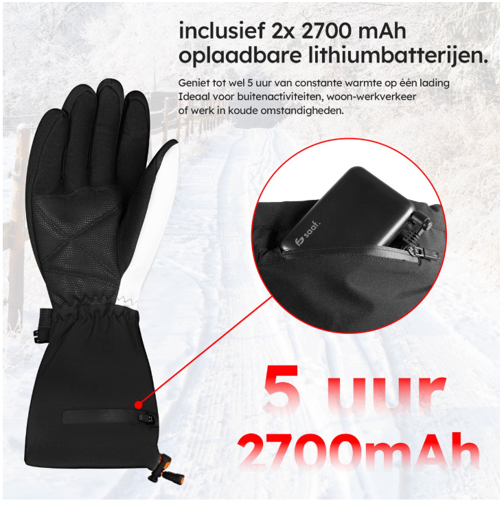 Saaf – Verwarmde Handschoenen Premium – Maat L – Wit & Zwart Polyester – 3 Warmtestanden & Oplaadbaar – Water- & Windafstotend – Optimaal Comfort