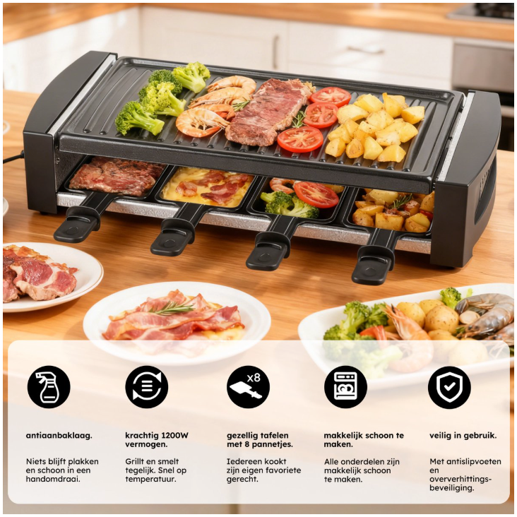 Saaf – Gourmetstel & Raclette Set – 1200W – Zwart Metaal – Met Uitneembare Bakplaat & Antiaanbaklaag – Voor 8 Personen – Vaatwasserbestendig – Gezellig Tafelen