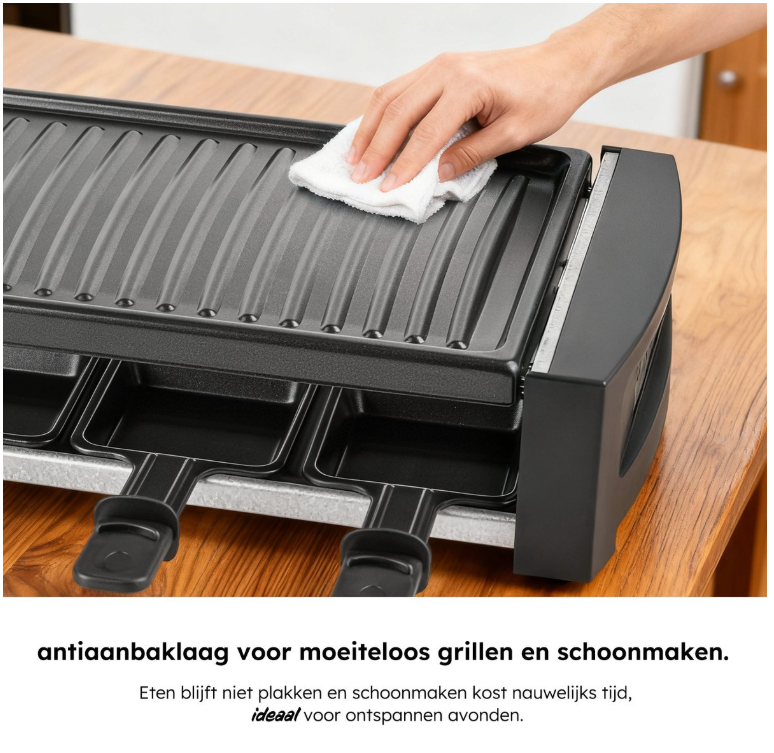Saaf – Gourmetstel & Raclette Set – 1200W – Zwart Metaal – Met Uitneembare Bakplaat & Antiaanbaklaag – Voor 8 Personen – Vaatwasserbestendig – Gezellig Tafelen