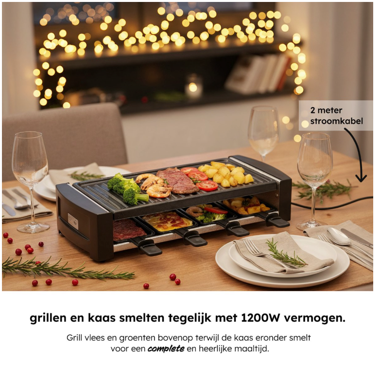 Saaf – Gourmetstel & Raclette Set – 1200W – Zwart Metaal – Met Uitneembare Bakplaat & Antiaanbaklaag – Voor 8 Personen – Vaatwasserbestendig – Gezellig Tafelen