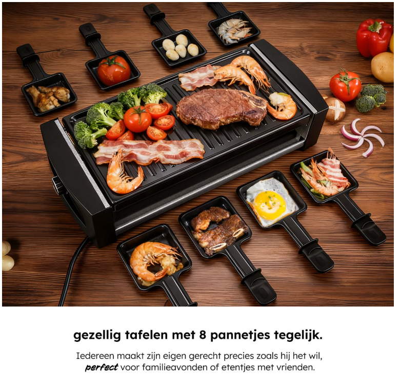 Saaf – Gourmetstel & Raclette Set – 1200W – Zwart Metaal – Met Uitneembare Bakplaat & Antiaanbaklaag – Voor 8 Personen – Vaatwasserbestendig – Gezellig Tafelen