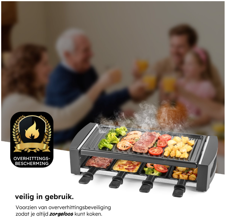 Saaf – Gourmetstel & Raclette Set – 1200W – Zwart Metaal – Met Uitneembare Bakplaat & Antiaanbaklaag – Voor 8 Personen – Vaatwasserbestendig – Gezellig Tafelen