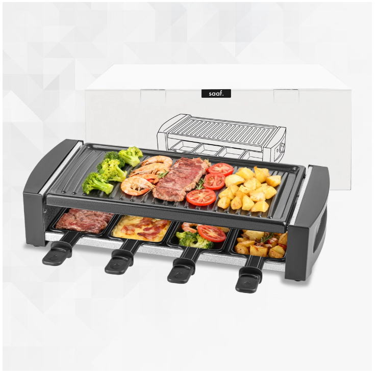 Saaf – Gourmetstel & Raclette Set – 1200W – Zwart Metaal – Met Uitneembare Bakplaat & Antiaanbaklaag – Voor 8 Personen – Vaatwasserbestendig – Gezellig Tafelen