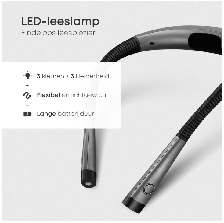Skoov – Neklamp & Leeslamp – Zwart Kunststof – 3 Lichtkleuren & 6 Helderheidsstanden – Oplaadbaar via USB – Handsfree & Buigbaar – Ideaal voor Lezen in Bed & Handwerken