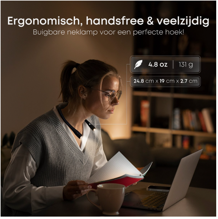Skoov – Neklamp & Leeslamp – Zwart Kunststof – 3 Lichtkleuren & 6 Helderheidsstanden – Oplaadbaar via USB – Handsfree & Buigbaar – Ideaal voor Lezen in Bed & Handwerken