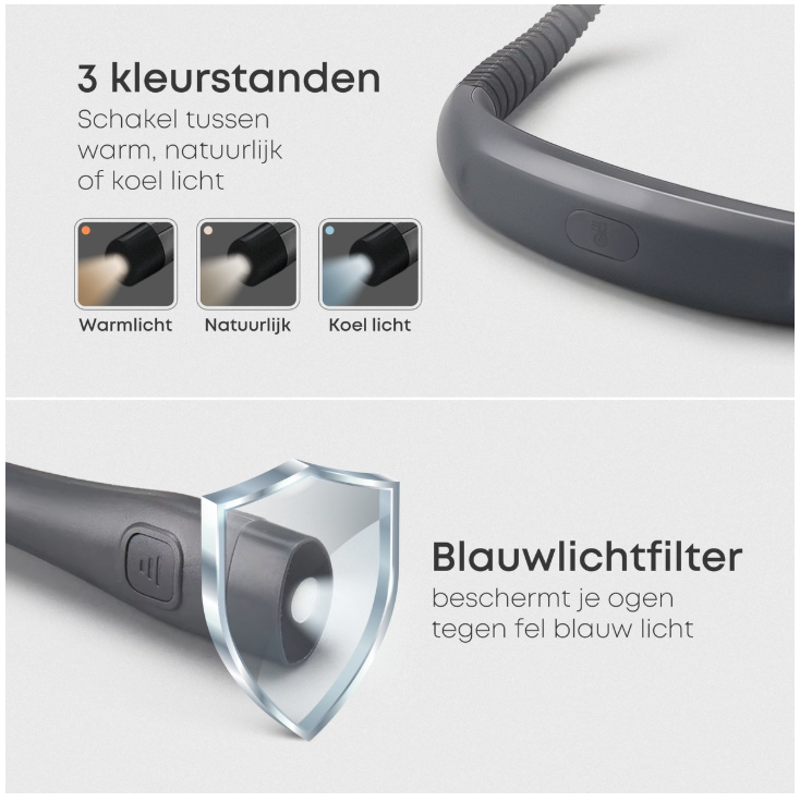 Skoov – Neklamp & Leeslamp – Zwart Kunststof – 3 Lichtkleuren & 6 Helderheidsstanden – Oplaadbaar via USB – Handsfree & Buigbaar – Ideaal voor Lezen in Bed & Handwerken