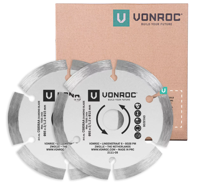 VONROC Diamant zaagbladen voor mini cirkel- en invalzagen – 85x15mm - 2 stuks cirkelzaagbladen – Voor steen en keramiek