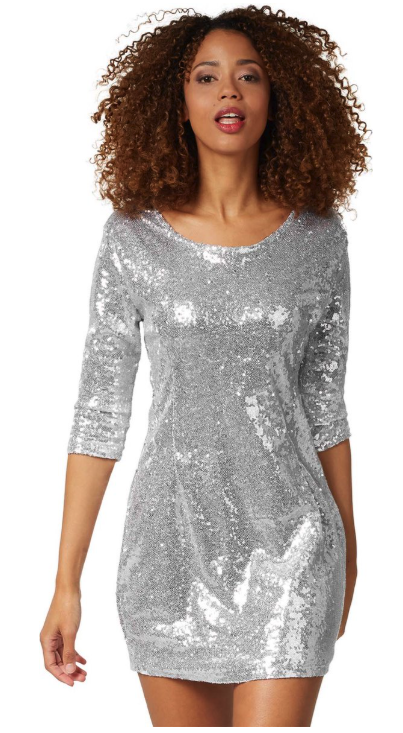 DressForFun – Paillettenjurk met Lange Mouwen – Maat XXL – Zilver Polyester – Glanzend & Elastisch – Nauwaansluitende Mini-jurk – Partykleding voor Carnaval & Glitterfeesten