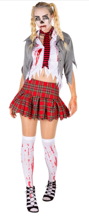DressForFun – Vrouwenkostuum Sexy Zombie – Maat L – Wit & Rood Polyester – Gekartelde Mini-jurk met Bloedvlekken – Griezelige Look – Halloween & Carnaval Verkleedkleding voor Dames