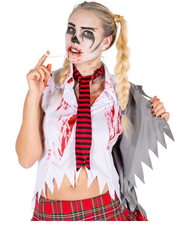 DressForFun – Vrouwenkostuum Sexy Zombie – Maat L – Wit & Rood Polyester – Gekartelde Mini-jurk met Bloedvlekken – Griezelige Look – Halloween & Carnaval Verkleedkleding voor Dames