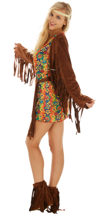 DressForFun – Hippie Flower Power Kostuum – Maat S – Multi & Bruin Polyester – Kleurrijke Retro Jurk met Velours Vest – Inclusief Haarband & Laarskappen – Jaren 60 & 70 Verkleedkleding