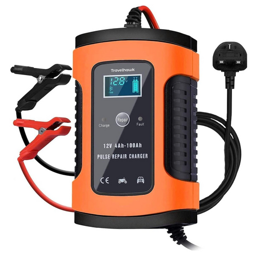 TravelHawk – Autoacculader & Druppellader – 12V/24V – Zwart & Rood Kunststof – 7-Traps Volautomatisch Laden – Reparatie Modus & LCD Scherm – Universele Accu Onderhoudslader