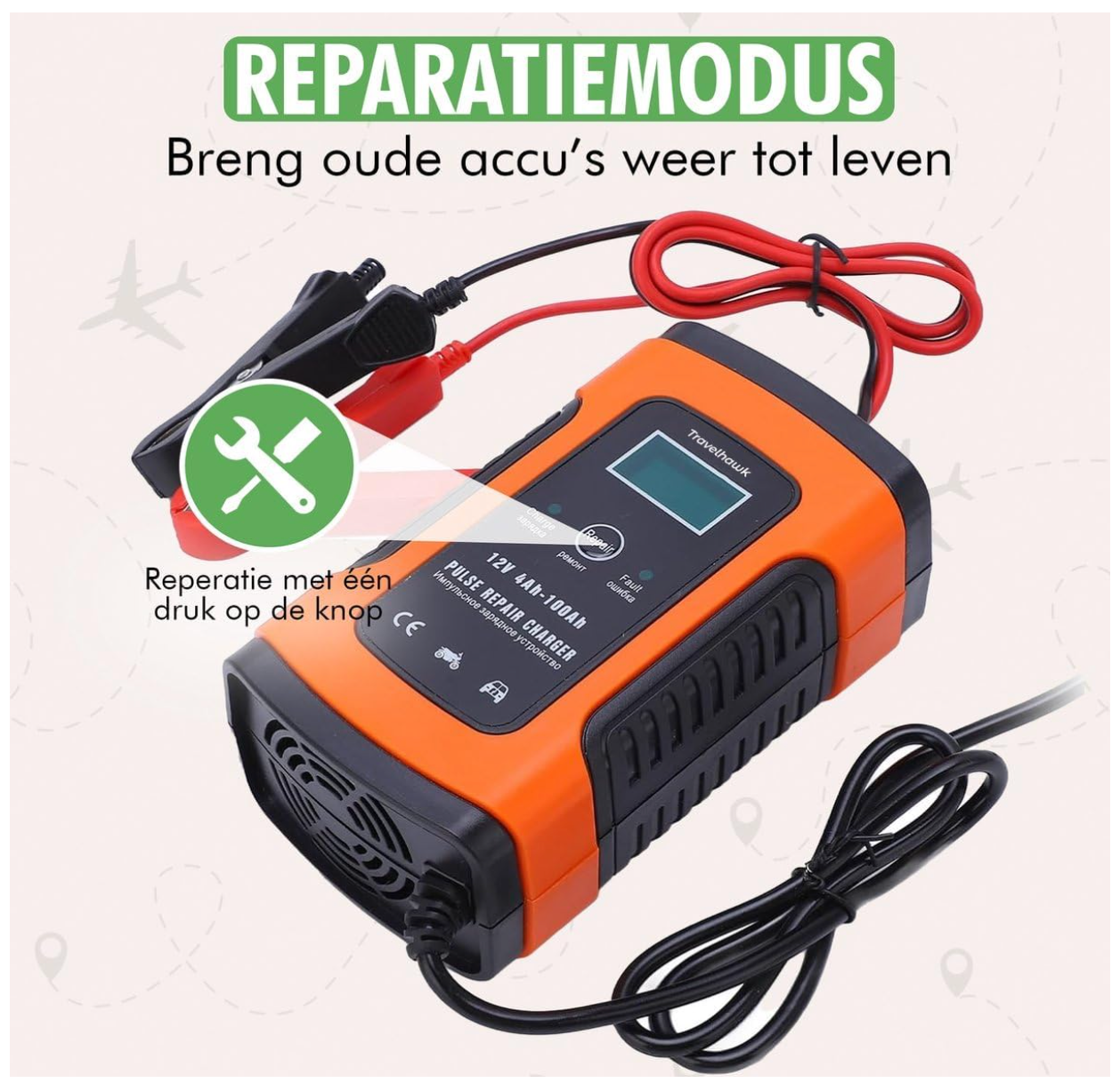 TravelHawk – Autoacculader & Druppellader – 12V/24V – Zwart & Rood Kunststof – 7-Traps Volautomatisch Laden – Reparatie Modus & LCD Scherm – Universele Accu Onderhoudslader