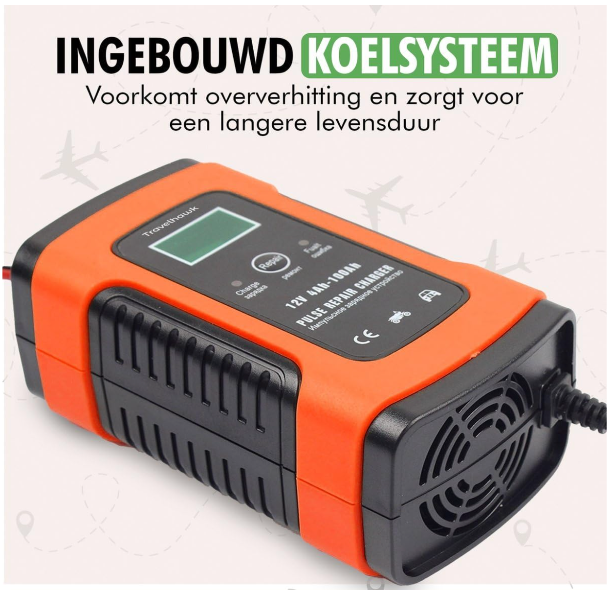 TravelHawk – Autoacculader & Druppellader – 12V/24V – Zwart & Rood Kunststof – 7-Traps Volautomatisch Laden – Reparatie Modus & LCD Scherm – Universele Accu Onderhoudslader