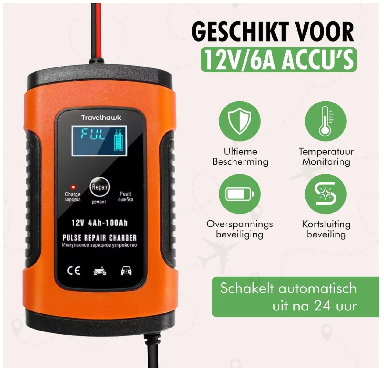 TravelHawk – Autoacculader & Druppellader – 12V/24V – Zwart & Rood Kunststof – 7-Traps Volautomatisch Laden – Reparatie Modus & LCD Scherm – Universele Accu Onderhoudslader