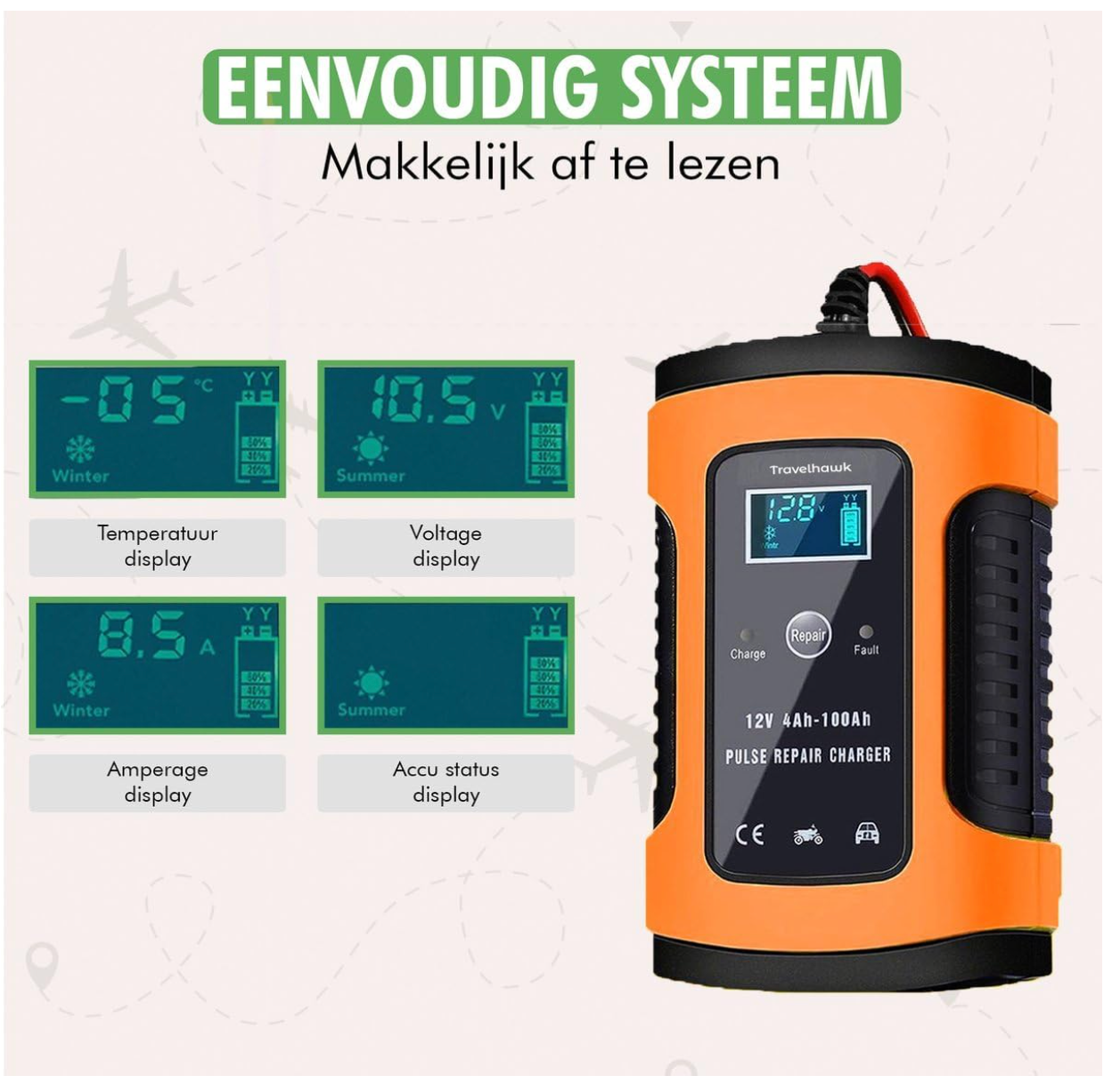 TravelHawk – Autoacculader & Druppellader – 12V/24V – Zwart & Rood Kunststof – 7-Traps Volautomatisch Laden – Reparatie Modus & LCD Scherm – Universele Accu Onderhoudslader