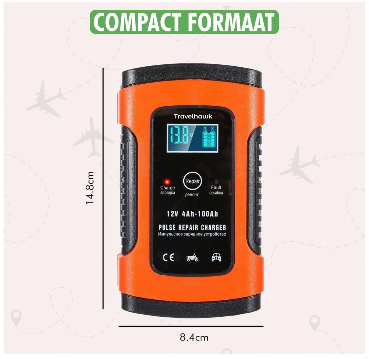 TravelHawk – Autoacculader & Druppellader – 12V/24V – Zwart & Rood Kunststof – 7-Traps Volautomatisch Laden – Reparatie Modus & LCD Scherm – Universele Accu Onderhoudslader