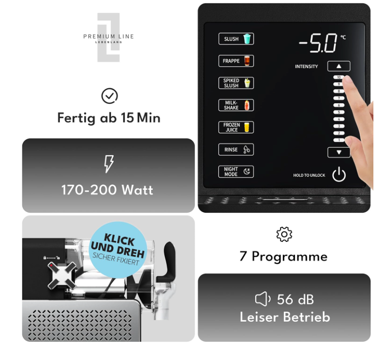 LEBENLANG - Premium Slush-machine 2L – 5 Modi - QuickFreeze in 15 min - Auto-Reiniging & LED Touchscreen - Incl. Receptenboek - Slushie Maker voor Thuis, Feestjes & Kinderverjaardagen