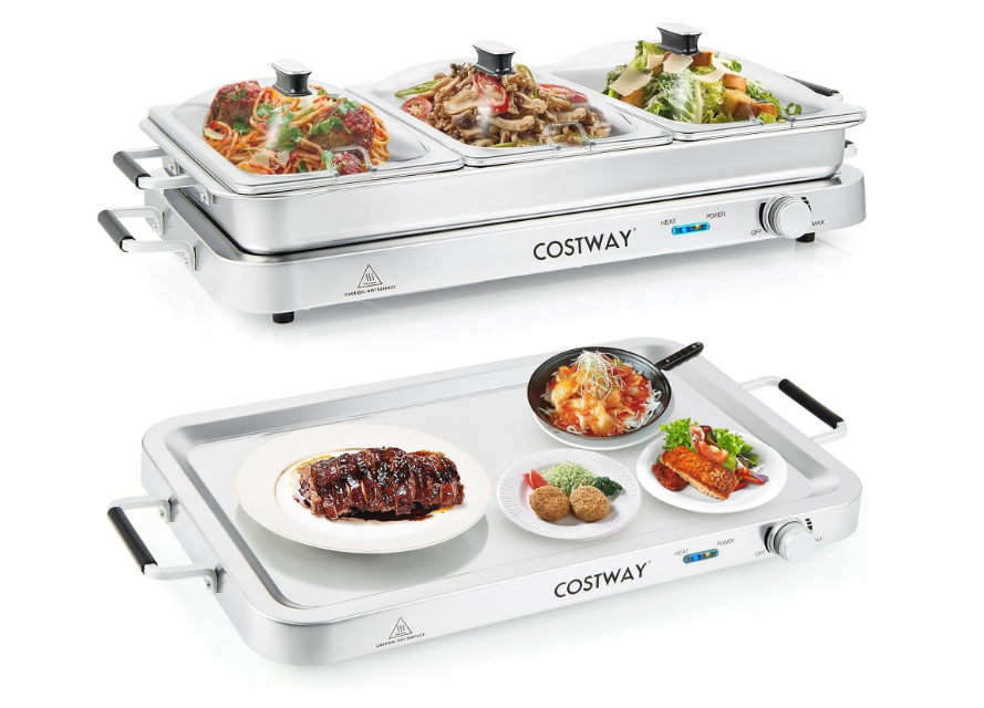 Coast – Elektrische Warmhoudplaat 3-in-1 – 450 watt & 9 liter Capaciteit – Voorzien Van 3 Rvs Serveerschalen En Temperatuurregeling – Voor Buffetten En Familiediners – Zilver Roestvrij Staal