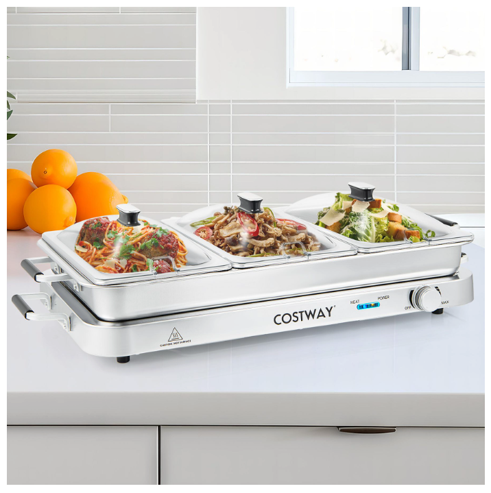 Coast – Elektrische Warmhoudplaat 3-in-1 – 450 watt & 9 liter Capaciteit – Voorzien Van 3 Rvs Serveerschalen En Temperatuurregeling – Voor Buffetten En Familiediners – Zilver Roestvrij Staal