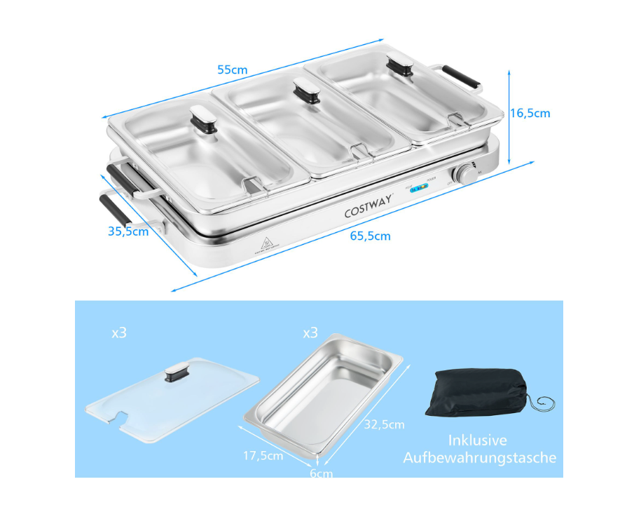 Coast – Elektrische Warmhoudplaat 3-in-1 – 450 watt & 9 liter Capaciteit – Voorzien Van 3 Rvs Serveerschalen En Temperatuurregeling – Voor Buffetten En Familiediners – Zilver Roestvrij Staal