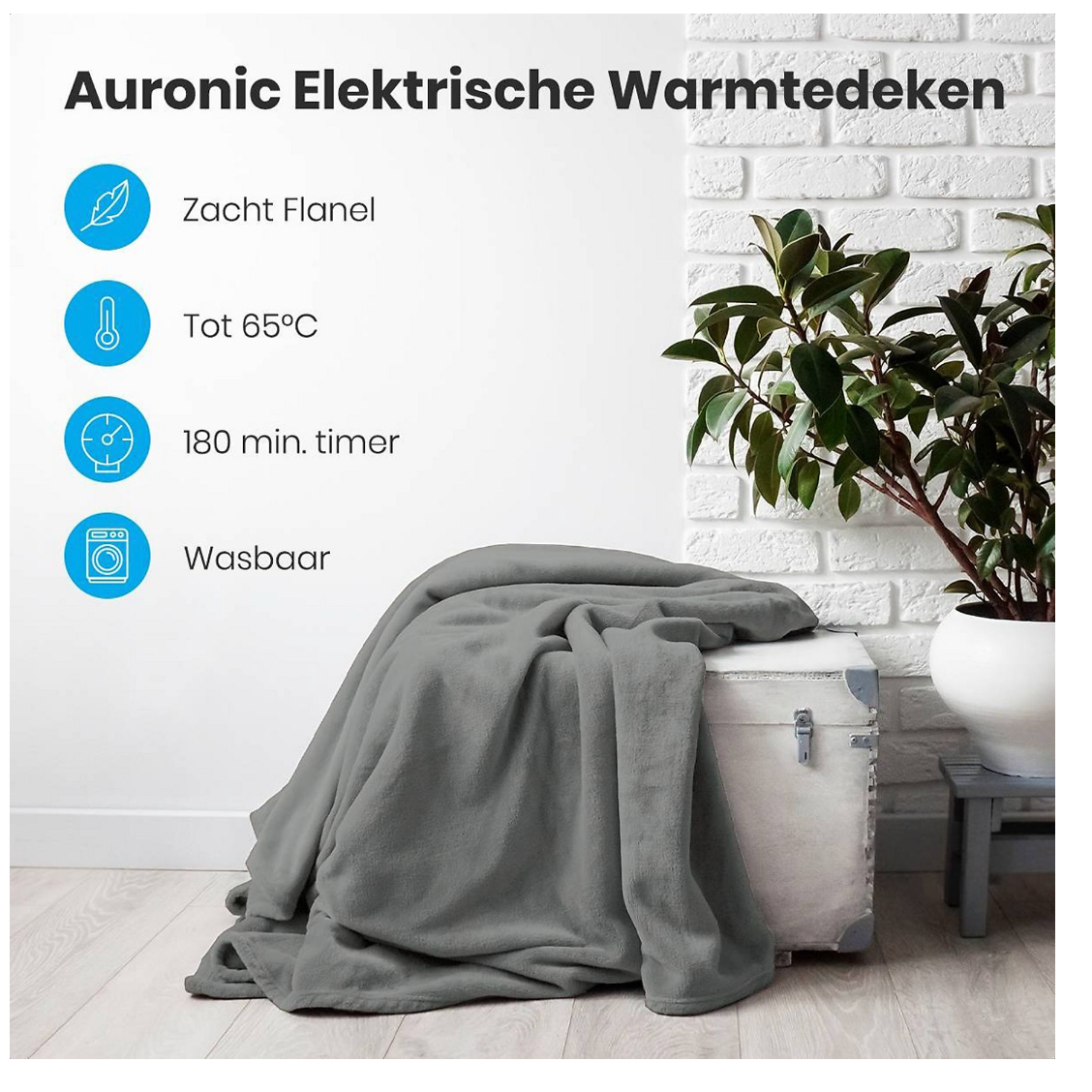 Auronic Elektrische Warmtedeken - Bovendeken - 2 Persoons - 3 Warmtestanden - Met Timer - 200 x 180 cm - Grijs