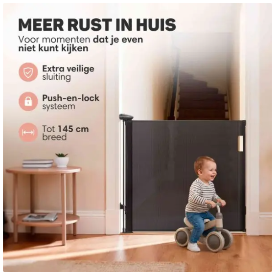 Vulpes Goods® – Oprolbaar Traphekje® – 145 x 84 cm – Voorzien Van Push-En-Lock Kinderslot En Kleurindicator En Eénhandige Bediening – Voor Kinderen En Huisdieren – Zwart Kunststof En Gaas
