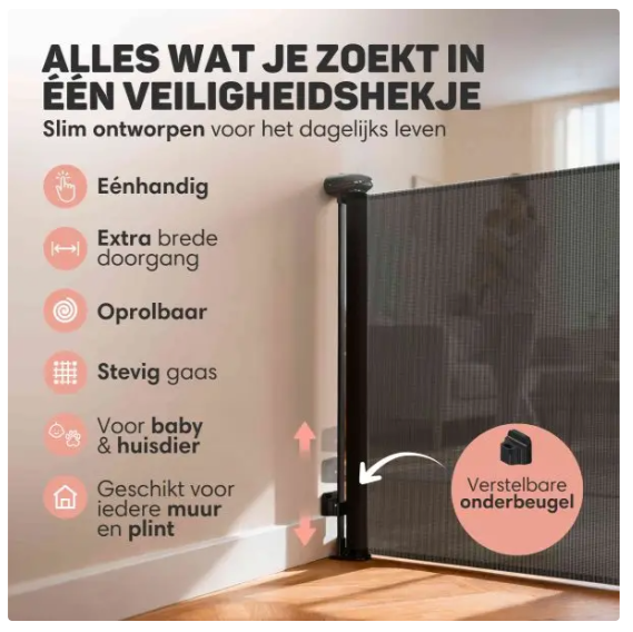 Vulpes Goods® – Oprolbaar Traphekje® – 145 x 84 cm – Voorzien Van Push-En-Lock Kinderslot En Kleurindicator En Eénhandige Bediening – Voor Kinderen En Huisdieren – Zwart Kunststof En Gaas