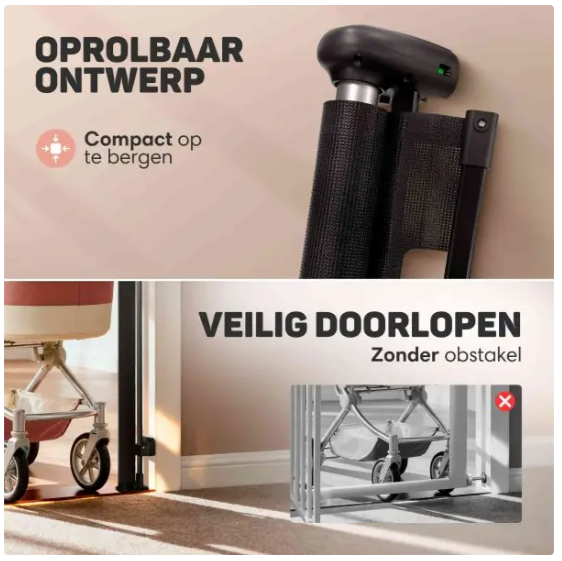 Vulpes Goods® – Oprolbaar Traphekje® – 145 x 84 cm – Voorzien Van Push-En-Lock Kinderslot En Kleurindicator En Eénhandige Bediening – Voor Kinderen En Huisdieren – Zwart Kunststof En Gaas