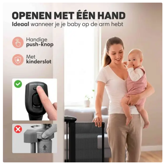 Vulpes Goods® – Oprolbaar Traphekje® – 145 x 84 cm – Voorzien Van Push-En-Lock Kinderslot En Kleurindicator En Eénhandige Bediening – Voor Kinderen En Huisdieren – Zwart Kunststof En Gaas