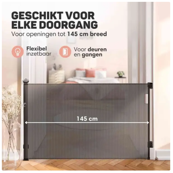 Vulpes Goods® – Oprolbaar Traphekje® – 145 x 84 cm – Voorzien Van Push-En-Lock Kinderslot En Kleurindicator En Eénhandige Bediening – Voor Kinderen En Huisdieren – Zwart Kunststof En Gaas