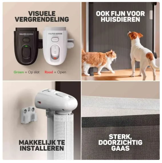 Vulpes Goods® – Oprolbaar Traphekje® – 145 x 84 cm – Voorzien Van Push-En-Lock Kinderslot En Kleurindicator En Eénhandige Bediening – Voor Kinderen En Huisdieren – Zwart Kunststof En Gaas