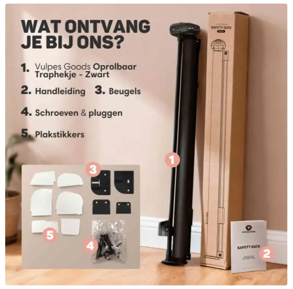 Vulpes Goods® – Oprolbaar Traphekje® – 145 x 84 cm – Voorzien Van Push-En-Lock Kinderslot En Kleurindicator En Eénhandige Bediening – Voor Kinderen En Huisdieren – Zwart Kunststof En Gaas
