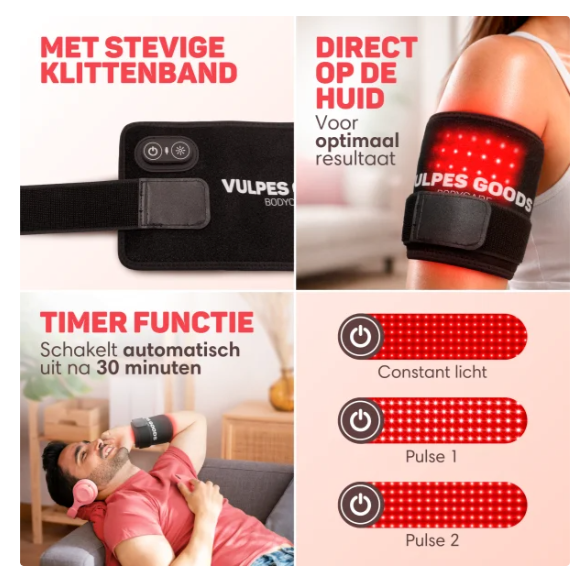 Vulpes Goods® – Draagbare Infrarood Band Pro V2 – 35 x 15 cm – Voorzien Van 80 LED’s En 3 Dimniveaus En Oplaadbare 2000mAh Accu En Timer – Voor Rug En Schouders En Armen – Zwart Kunststof En Textiel
