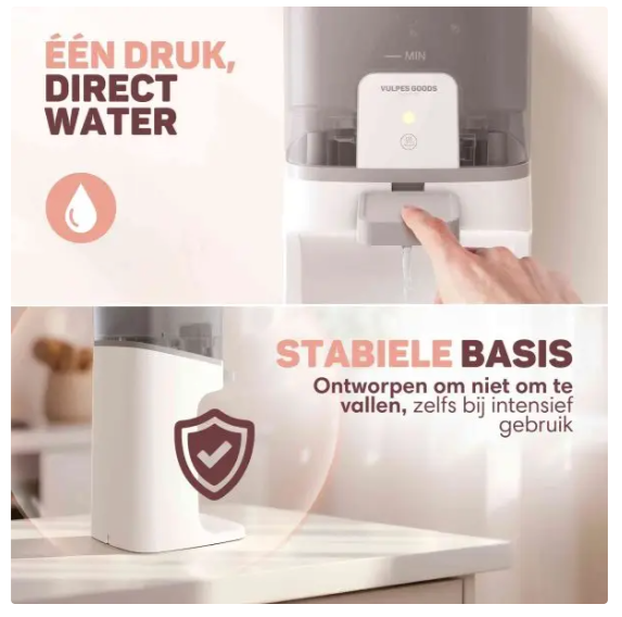 Vulpes Goods® – Baby Water Dispenser Pro – 1,6 Liter – Voorzien Van 3 Temperatuurstanden En LED-Indicatie En Eénhandige Bediening – Voor Flesvoeding En Thee – Wit En Lichtgrijs Kunststof