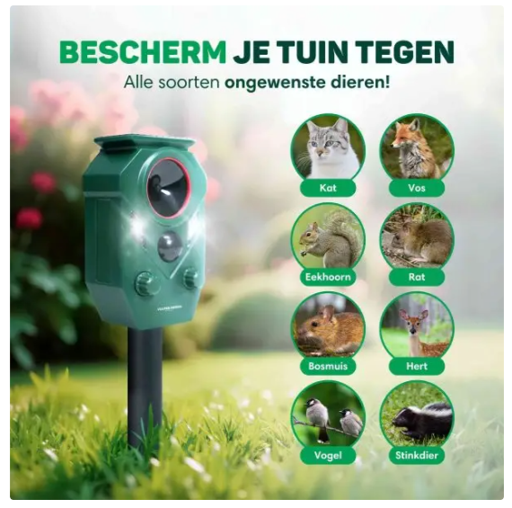 Vulpes Goods® – Kattenverjager Premium – 5 x 9 x 14 cm – Voorzien Van 5 Werkmodi En PIR-Sensor En LED-Flitsen En Zonne-Energie – Voor Tuin En Balkon – Groen Kunststof