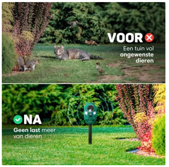 Vulpes Goods® – Kattenverjager Premium – 5 x 9 x 14 cm – Voorzien Van 5 Werkmodi En PIR-Sensor En LED-Flitsen En Zonne-Energie – Voor Tuin En Balkon – Groen Kunststof